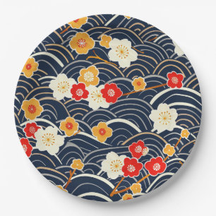 Navy Japanese Wave Plum Blossom Floral Pattern Paper Plate