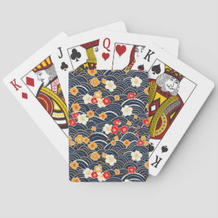 Navy Japanese Wave Plum Blossom Floral Pattern Playing Cards
