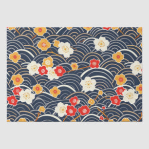 Navy Japanese Wave Plum Blossom Floral Pattern Tissue Paper