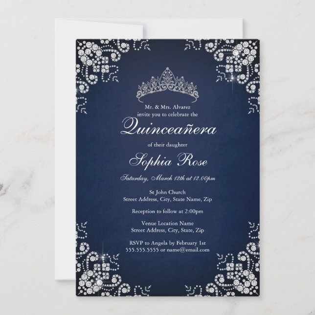 Navy Jewel Tiara Butterfly Quinceanera Invitation (Front)