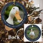Navy Jingle Bells Pet Duck Christmas Ceramic Ornament<br><div class="desc">Navy Jingle Bells Pet Duck Christmas Ceramic Ornament. Get ready for a quacking good time this holiday season with our Navy Ceramic Ornament featuring your beloved pet duck! This ornament boasts two photos, one on the front and one on the back, elegantly framed in navy and adorned with festive Christmas...</div>