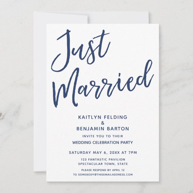 Navy Just Married Casual Modern Reception-Only Invitation (Front)