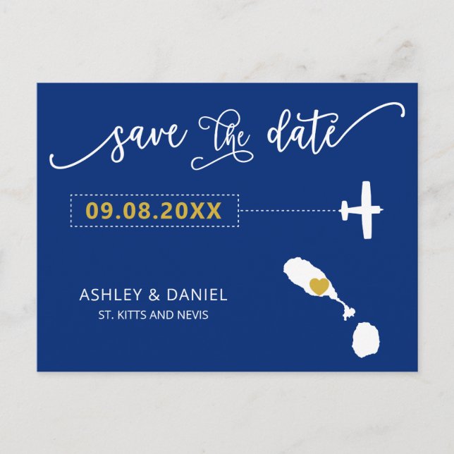 Navy Kitts and Nevis Wedding Save the Date Map Postcard (Front)
