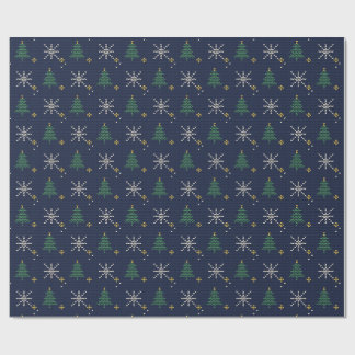 Navy Knit Christmas Trees Snowflakes Wrapping Paper