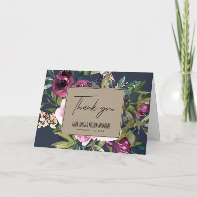 NAVY KRAFT BLUSH BURGUNDY FLORAL BUNCH WEDDING THANK YOU CARD (Front)