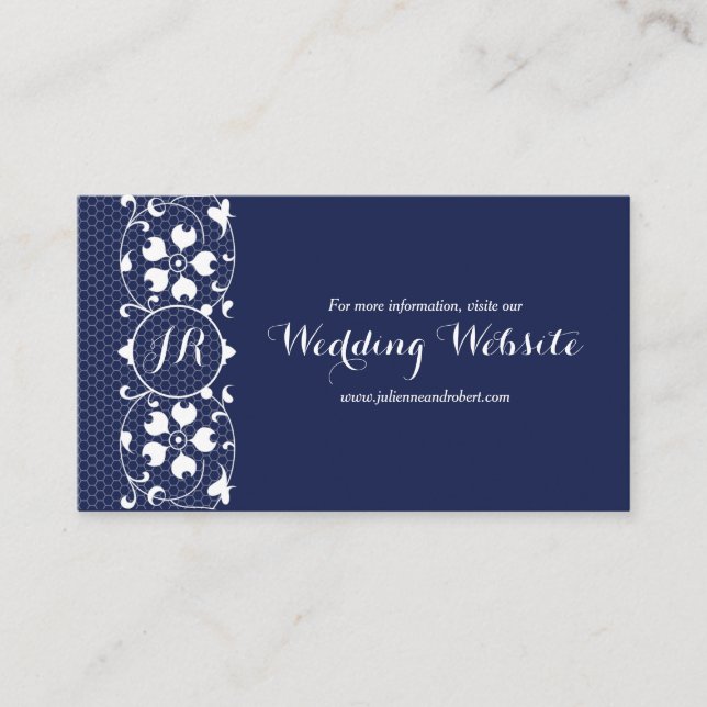 Navy Lace Monogram Wedding Website Card (Front)