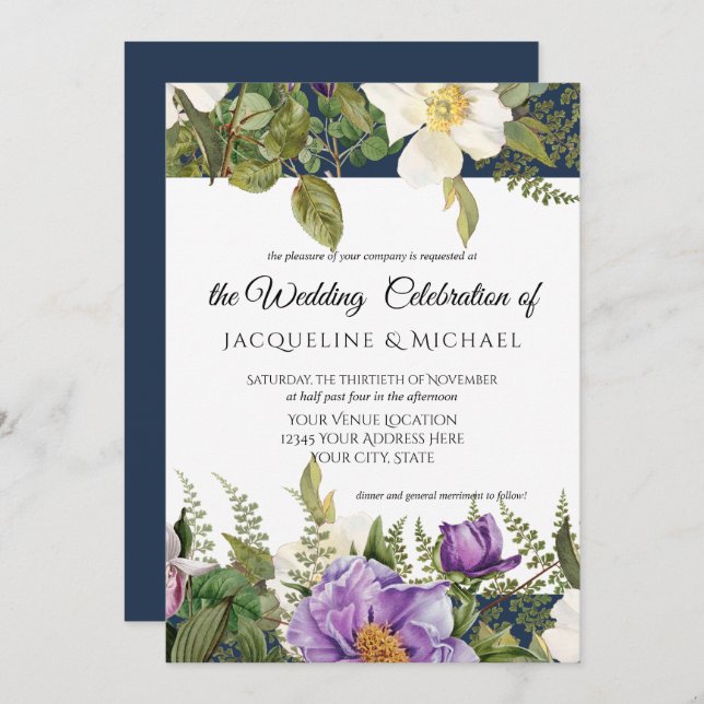 Navy Lavender Floral Ivory Wedding Rose Foliage Invitation (Front/Back)