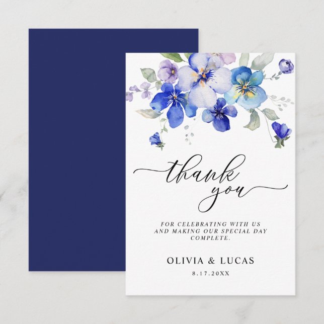 Navy Lavender Floral Mauve Pansies Spring Wedding Thank You Card (Front/Back)