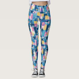 Navy Lavender Magenta Geometric Floral Pattern Leggings