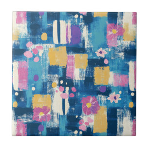 Navy Lavender Magenta Geometric Floral Pattern Tile