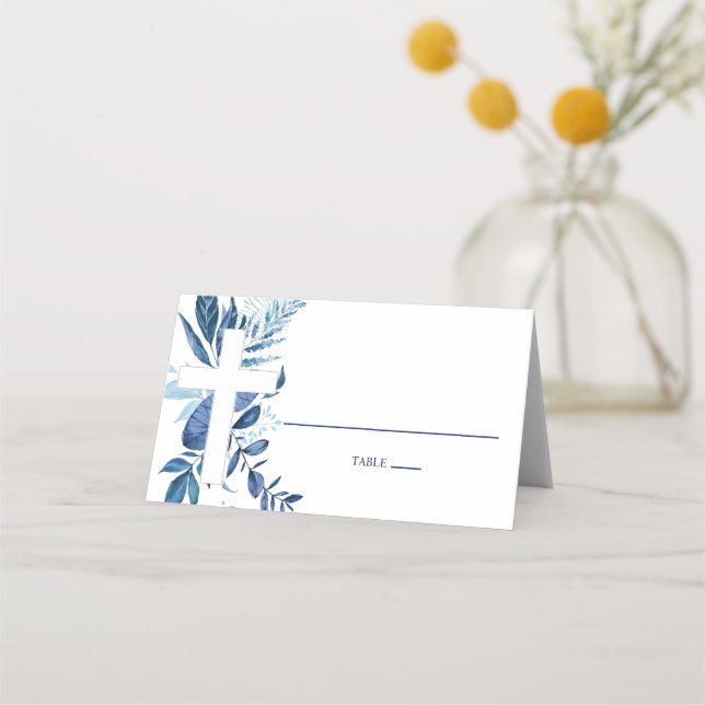 Navy Leaf Cross Boy Baptism Folded Tent Place Card (Front)