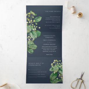 NAVY LEAFY FOLIAGE GREENERY WATERCOLOR WEDDING Tri-Fold INVITATION