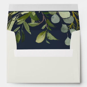 NAVY LEAFY GREEN GOLD FOLIAGE WATERCOLOR ADDRESS ENVELOPE