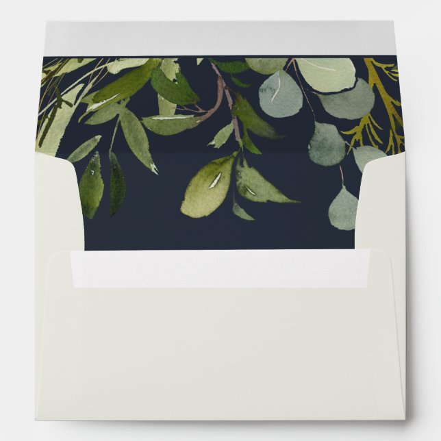 NAVY LEAFY GREEN GOLD FOLIAGE WATERCOLOR ADDRESS ENVELOPE (Back (Bottom))