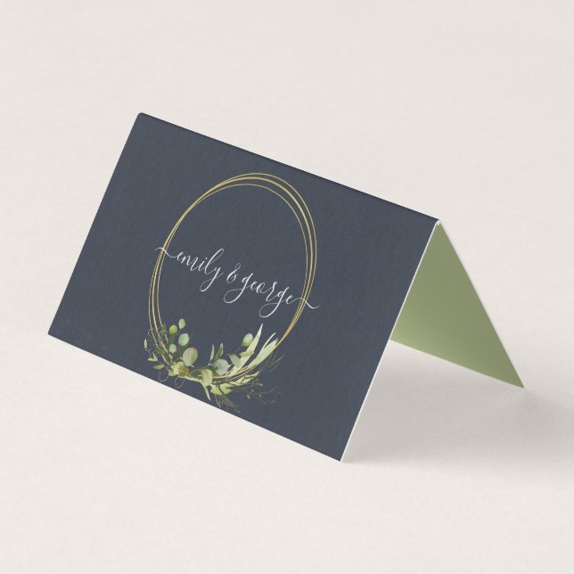 NAVY LEAFY GREEN GOLD FOLIAGE WEDDING PLACE CARD (Back)