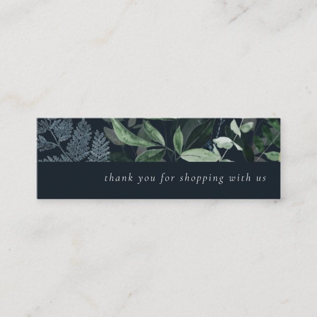 Navy Leafy Tropical Foliage Thank You For Order Mini Business Card (Front)