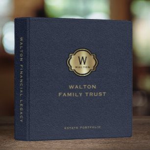 Navy Leather Gold Monogram Family Trust Keepsake Binder