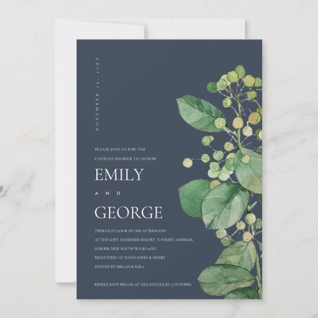 NAVY LEAVES FOLIAGE GREENERY COUPLE SHOWER CARD (Front)