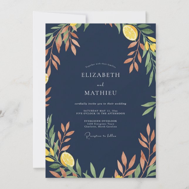 Navy Lemon Citrus Eucalyptus Wedding Invitation (Front)