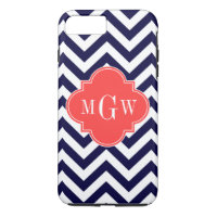 Navy Lg Chevron Coral Red Quatrefoil 3 Monogram
