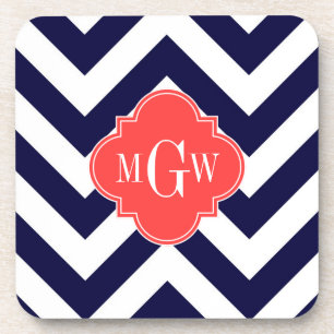Navy Lg Chevron Coral Red Quatrefoil 3 Monogram Coaster