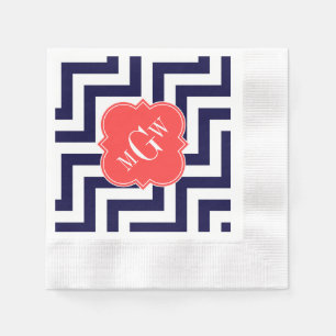 Navy Lg Chevron Coral Red Quatrefoil 3 Monogram Napkin