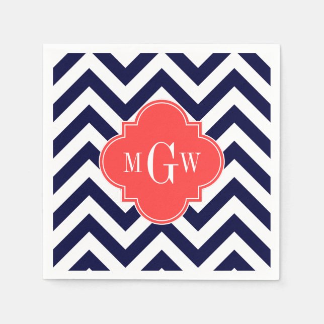 Navy Lg Chevron Coral Red Quatrefoil 3 Monogram Napkin (Front)