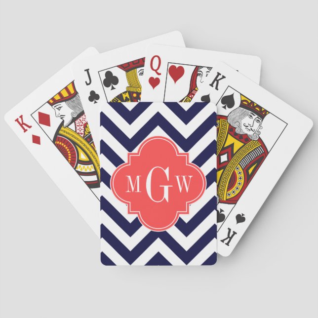 Navy Lg Chevron Coral Red Quatrefoil 3 Monogram Playing Cards (Back)