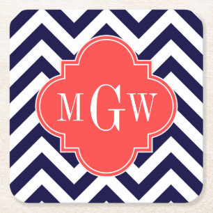 Navy Lg Chevron Coral Red Quatrefoil 3 Monogram Square Paper Coaster