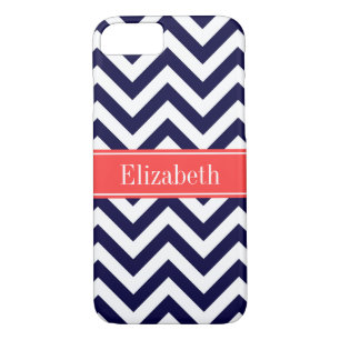 Navy Lg Chevron Coral Red Quatrefoil Name Monogram Case-Mate iPhone Case
