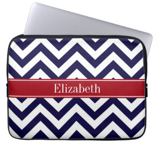Navy Lg Chevron Cranberry Quatrefoil Name Monogram Laptop Sleeve