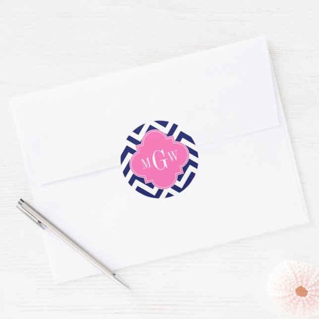 Navy Lg Chevron Hot Pink #2 Quatrefoil 3 Monogram Classic Round Sticker (Envelope)