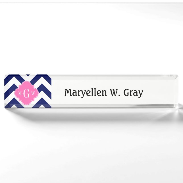 Navy Lg Chevron Hot Pink #2 Quatrefoil 3 Monogram Nameplate (Front)