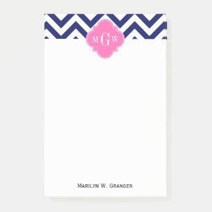Navy Lg Chevron Hot Pink #2 Quatrefoil 3 Monogram Post-it Notes
