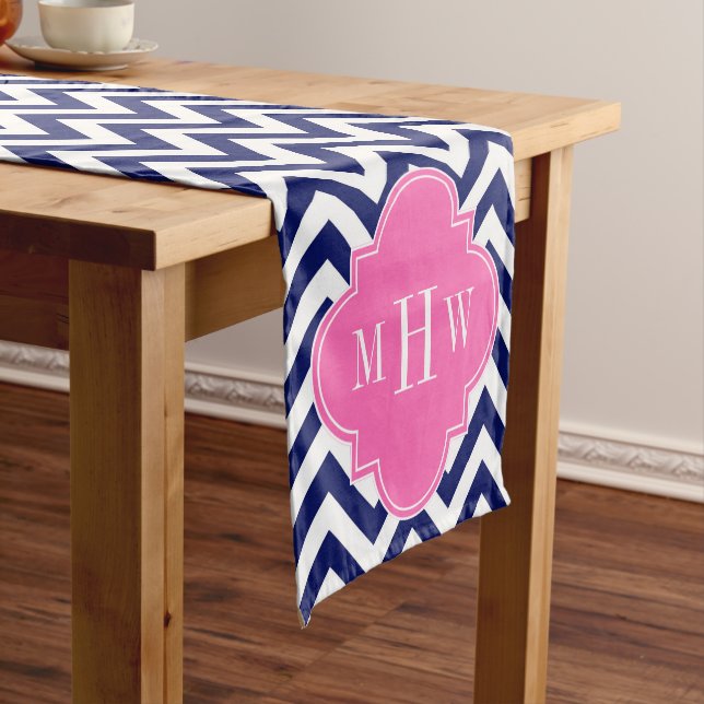 Navy Lg Chevron Hot Pink #2 Quatrefoil 3 Monogram Short Table Runner (In Situ)