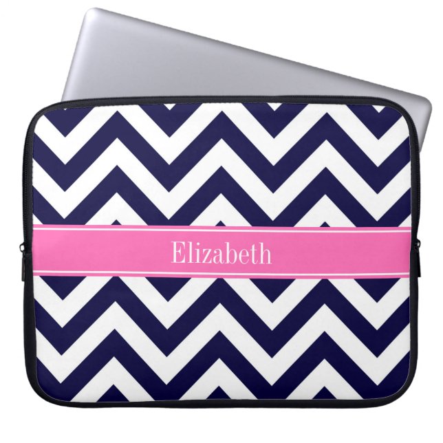 Navy Lg Chevron HotPink2 Quatrefoil Name Monogram Laptop Sleeve (Front)