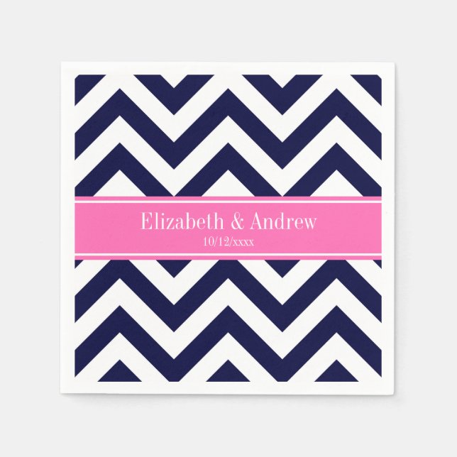 Navy Lg Chevron HotPink2 Quatrefoil Name Monogram Napkin (Front)
