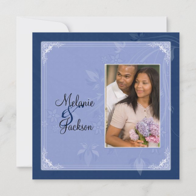 Navy Light Blue Floral Swirls Photo Post Wedding Invitation (Front)