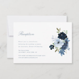 navy light blue floral wedding reception card