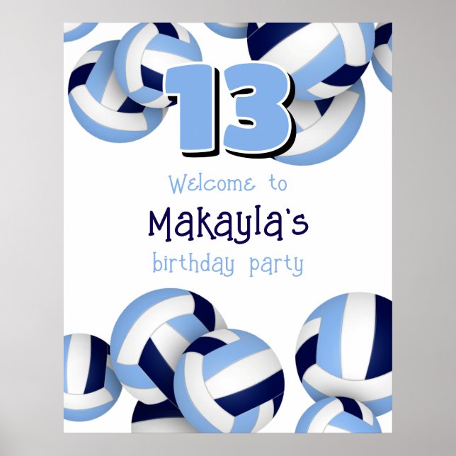 navy light blue volleyballs kids birthday party poster (Front)