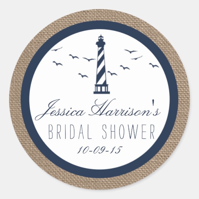 Navy Lighthouse On Burlap Nautical Bridal Shower Classic Round Sticker (Front)