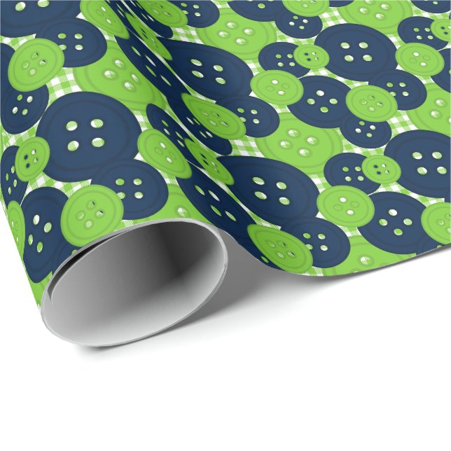 Navy & Lime Buttons Gingham - Craft & Sewing Room Wrapping Paper (Roll Corner)