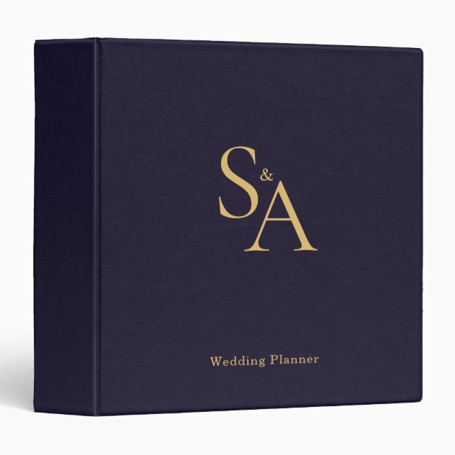Navy Linen Cloth Gold Monogram Wedding Planner Binder (Front/Spine)