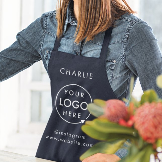 Navy Logo | Corporate Modern Minimalist Blue Apron (Navy blue company branded staff aprons for cafes, stores, business events & employee identification.)