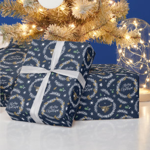 Navy Longhorn Bull in Christmas Wreath Wrapping Paper