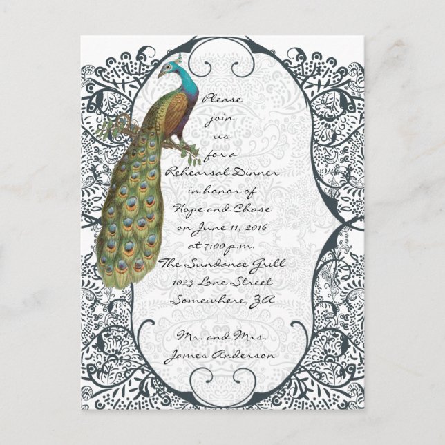 Navy Love Bird Damask Rehearsal Dinner Invitations (Front)