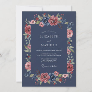 Navy Lush Floral Romantic Wedding Invitation