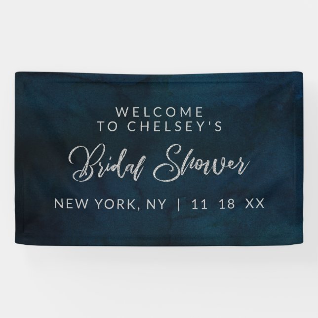 Navy Lustre Dark Blue Silver Bridal Shower Welcome Banner (Horizontal)