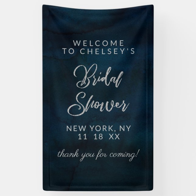 Navy Lustre Dark Blue Silver Bridal Shower Welcome Banner (Vertical)