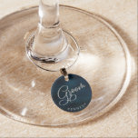 Navy Lustre Dark Blue Silver Groom Personalized Wine Charm<br><div class="desc">Navy Lustre Dark Blue Watercolor Design,  with Silver Sparkle Typography,  and beautiful watercolour background texture. With Modern Chic Script Fonts. A trendy & Luxurious style - Personalized Groom Monogrammed Wine Glass Charm!

 ~ Check my shop to see the entire wedding suite for this design!</div>